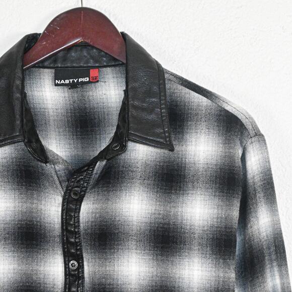 NASTY PIG Men's Button up Shirt Black Grey Plaid Faux Leather trim Sz Medium - Picture 2 of 10